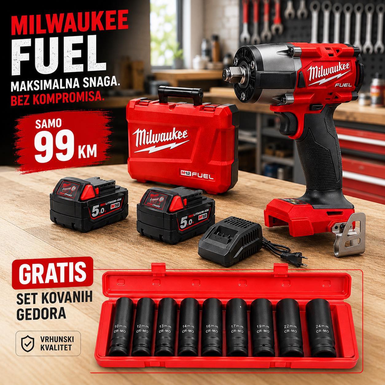 Aku Udarni Odvijač Milwaukee FUEL + 2 Baterije + GRATIS Gedore!